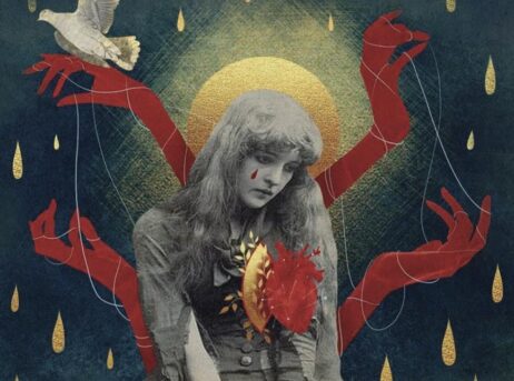 detail of digital collage featuring a crying woman, four red-gloved hands, and a gold and red heart 