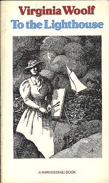 Cover of Virgina Woolf's novel To the Lighthouse. A woman holding a paintbrush and canvas is standing in front of a stormy sea