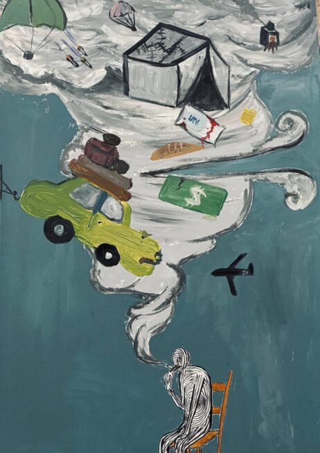 Painting of a person in Gaza daydreaming about genocide and escape